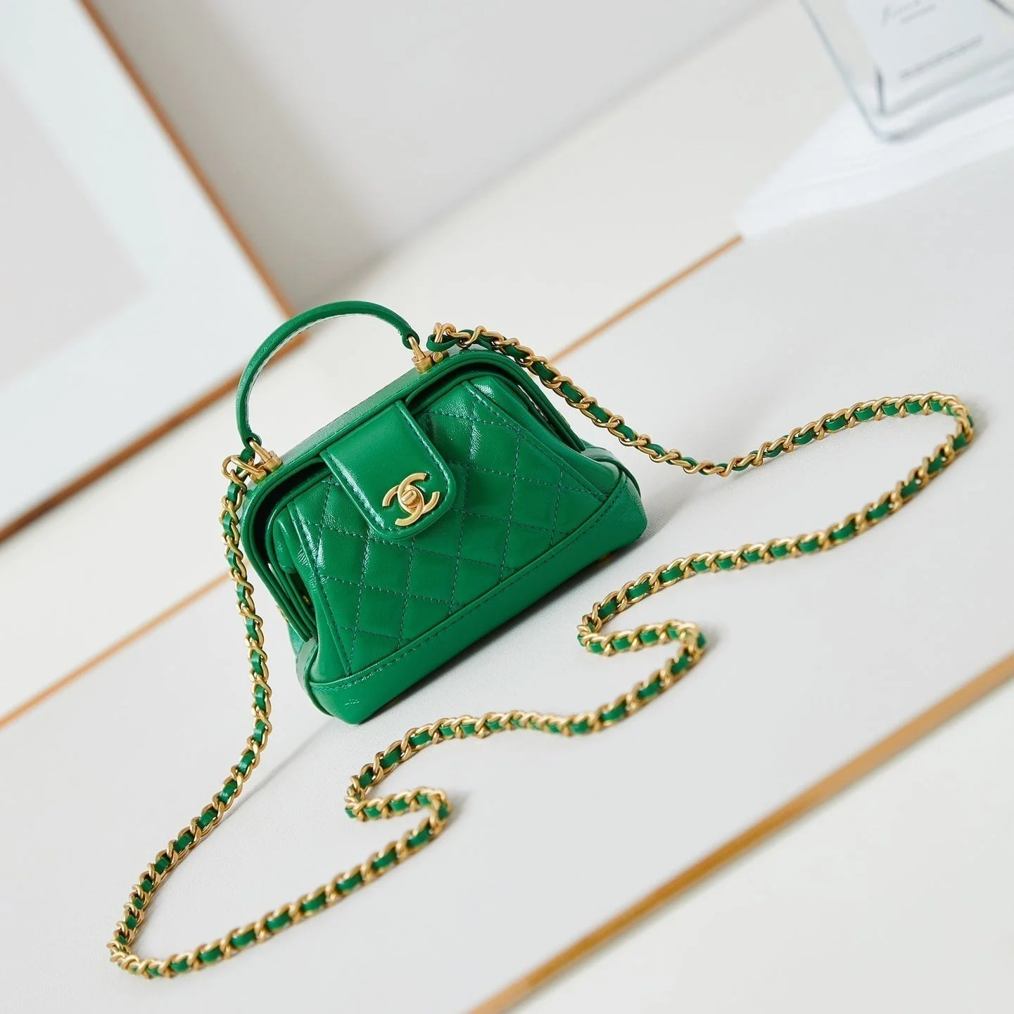 CC 24A Mini Top Handle 13cm Green Wax Leather Gold Hardware 238465