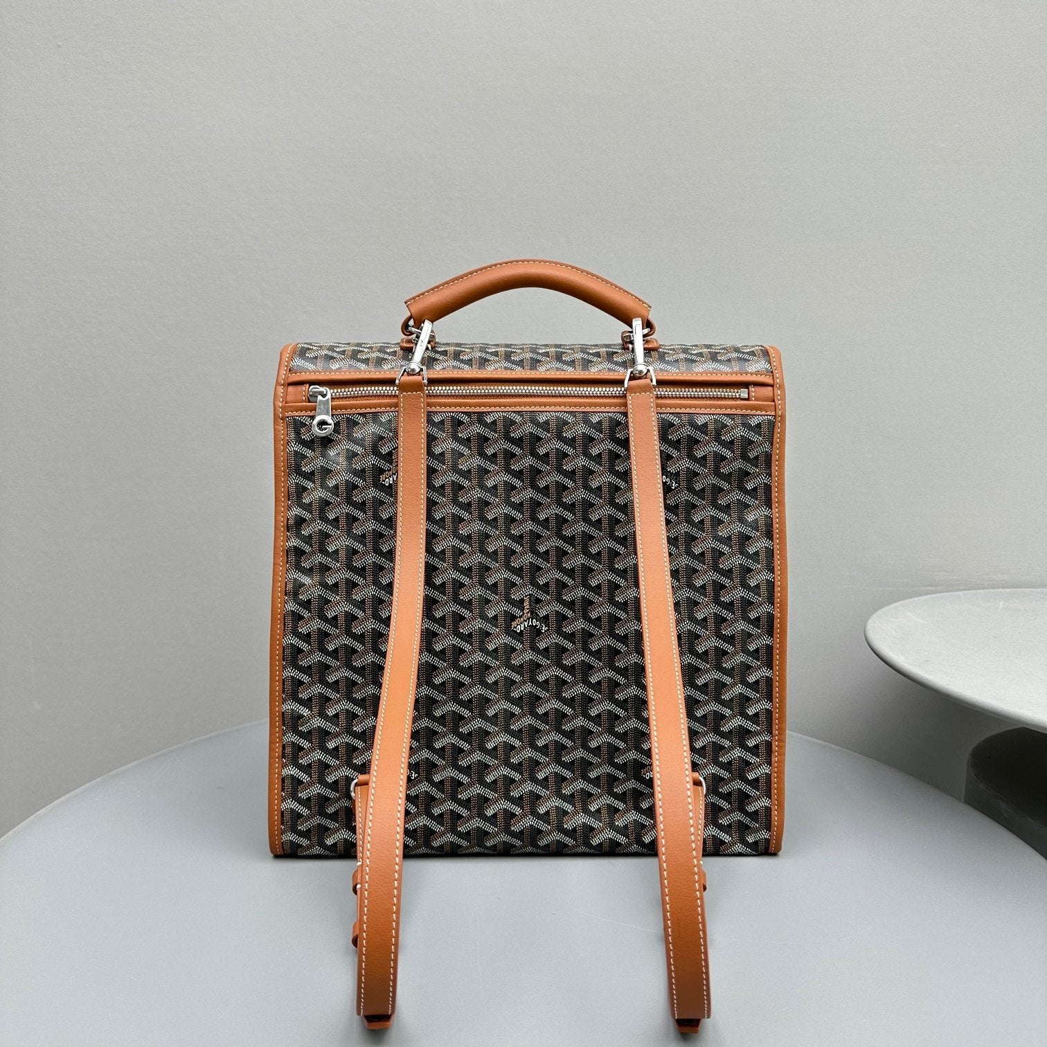 Goyard Leger Backpack 37 Cm Black Goyardine Canvas With Tan Calfskin Trim
