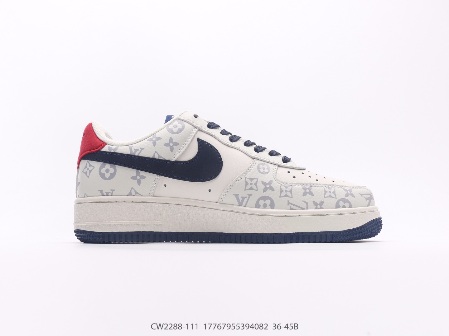 Nike Air Force 1 Low LV Monogram White Navy Red Heel Custom
