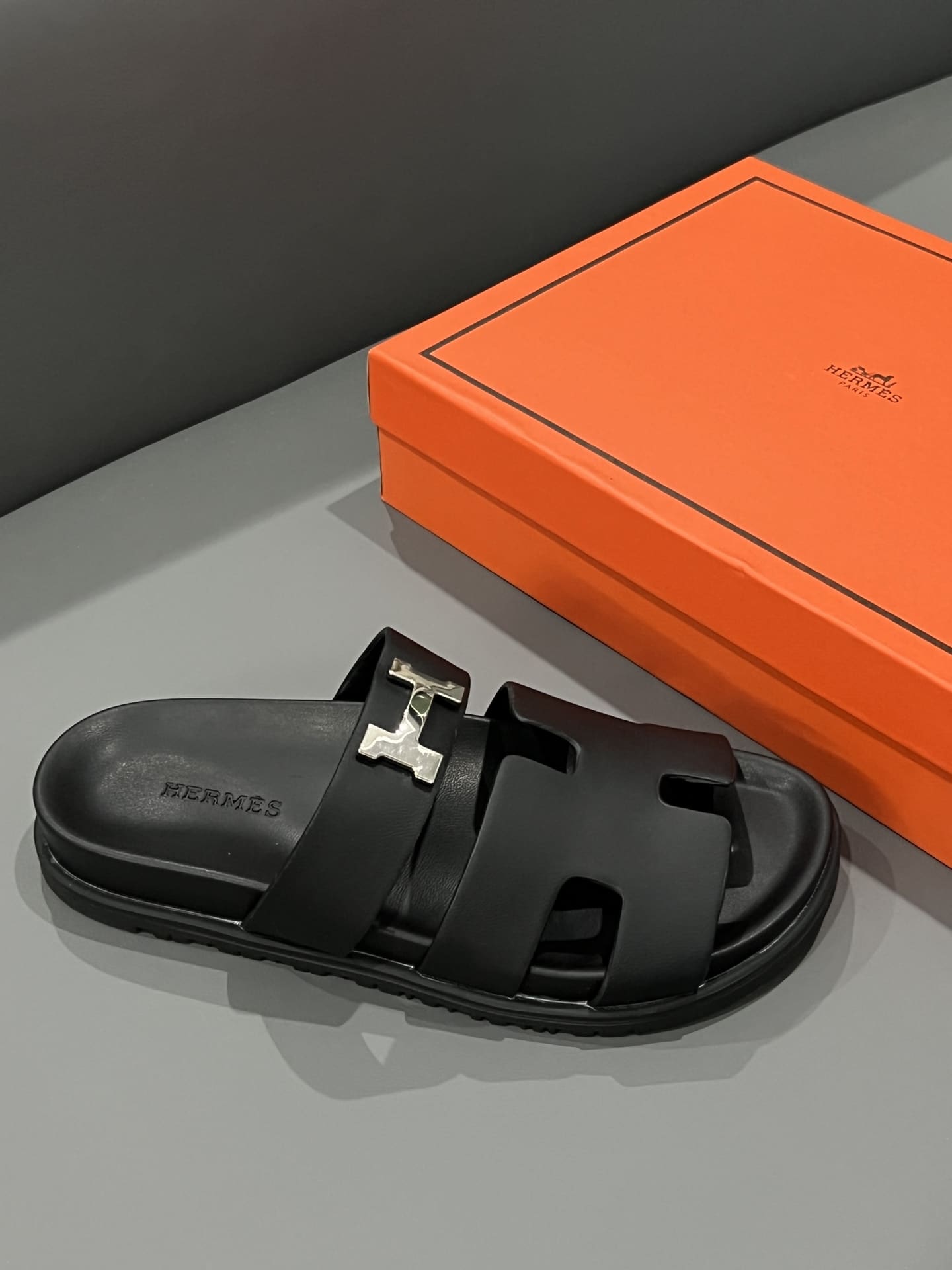 Hermes Chypre Sandal H Logo Silver Hardware Black