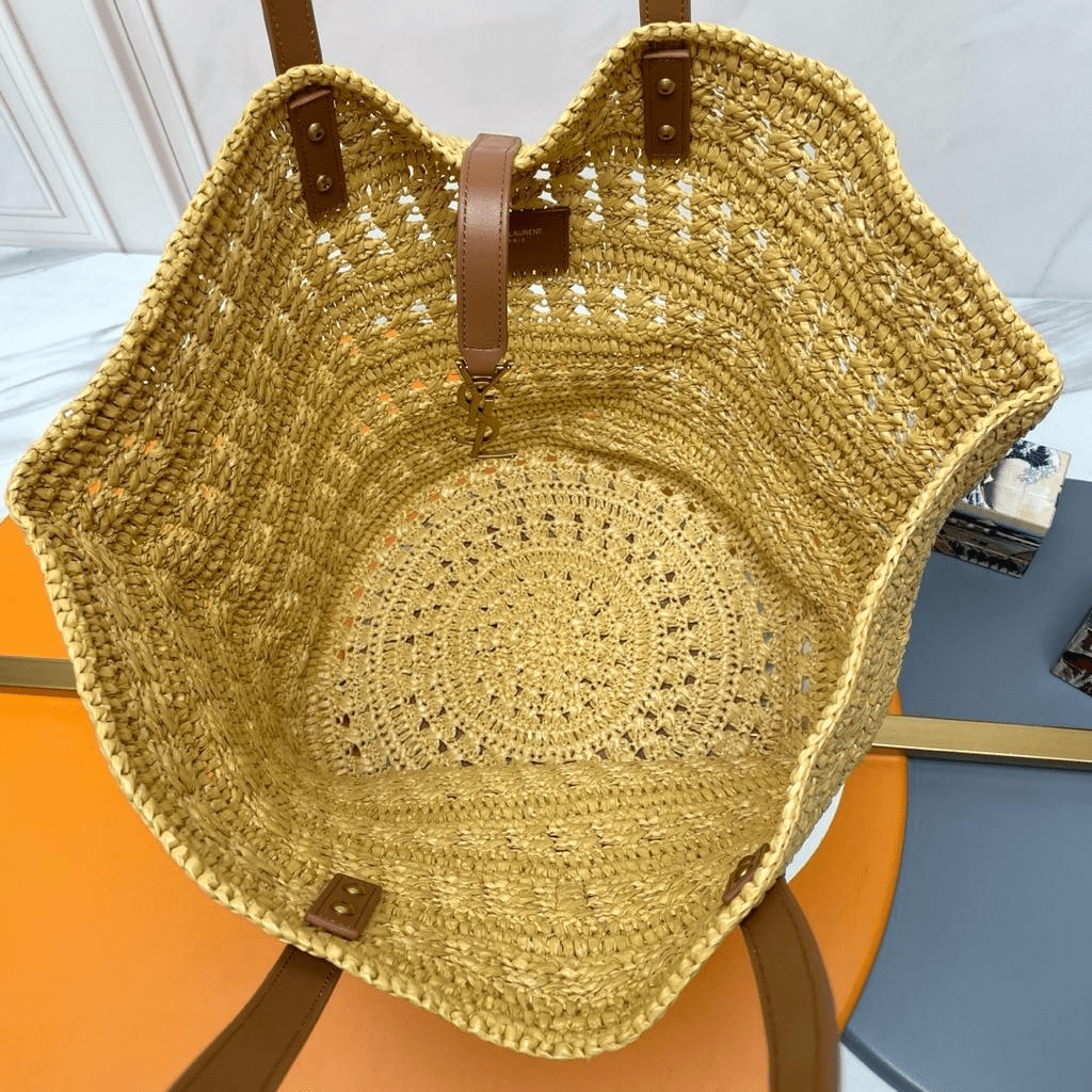 Saint Laurent Panier Medium Bag in Crochet Raffia and Smooth Leather 42cm