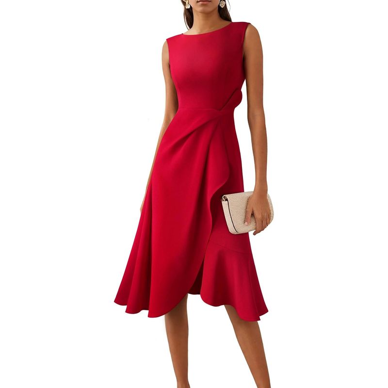 Women's Asymmetrical Ruffle Cocktail Wedding Guest A Line Midi Dress