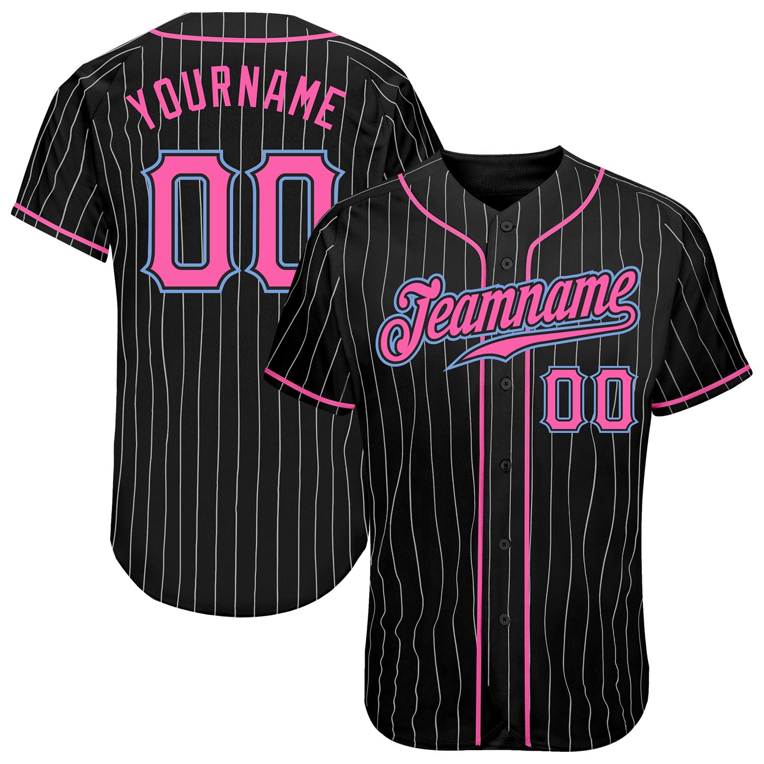 Custom Black White Pinstripe Pink-Light Blue  Baseball Jersey