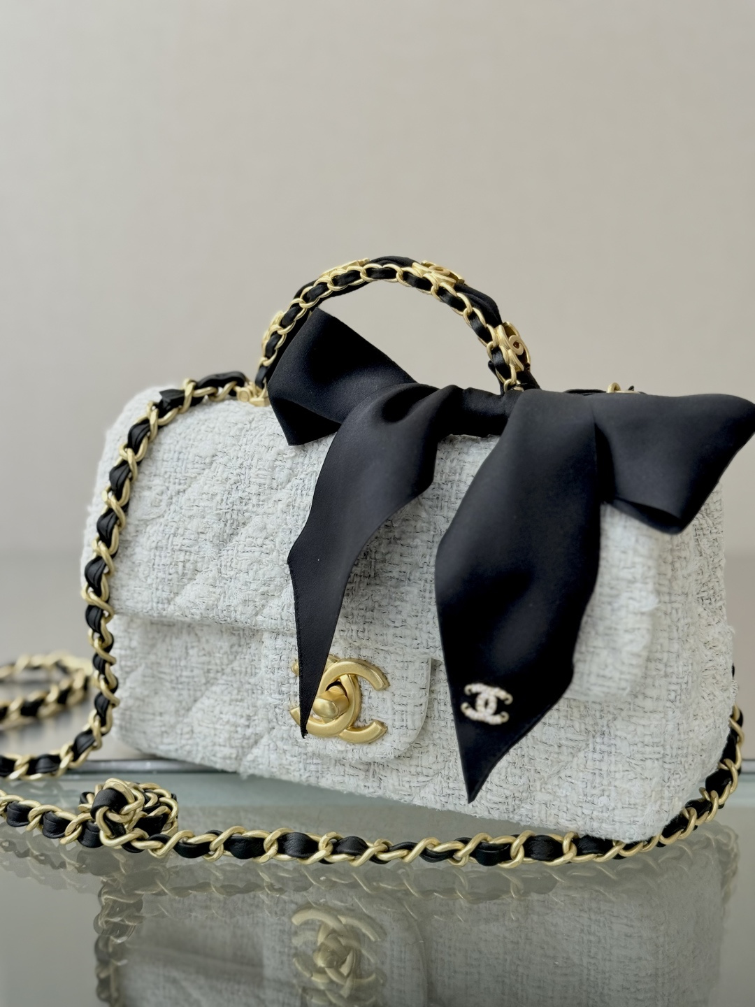 25K Fall-Winter Tweed Mini Flap Bag with Top Handle & Black Velvet Bow (Model AS5220)