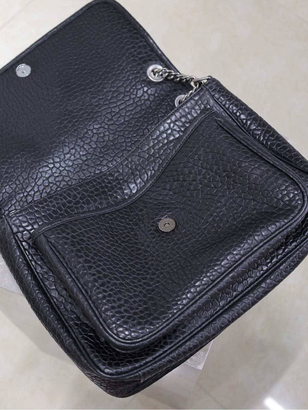 Saint Laurent Large Black Elephant-Grain Niki Bag