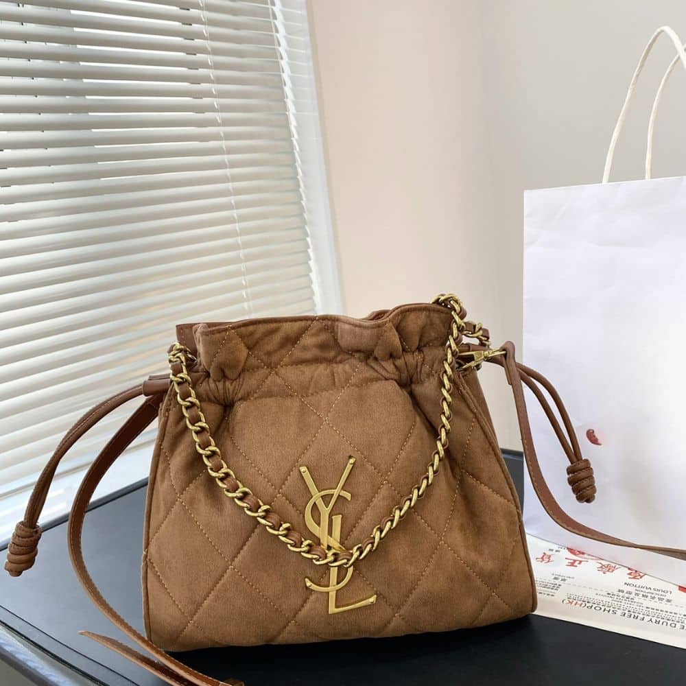 Saint Laurent Bucket Bag Quilted Suede Brown 29Cm