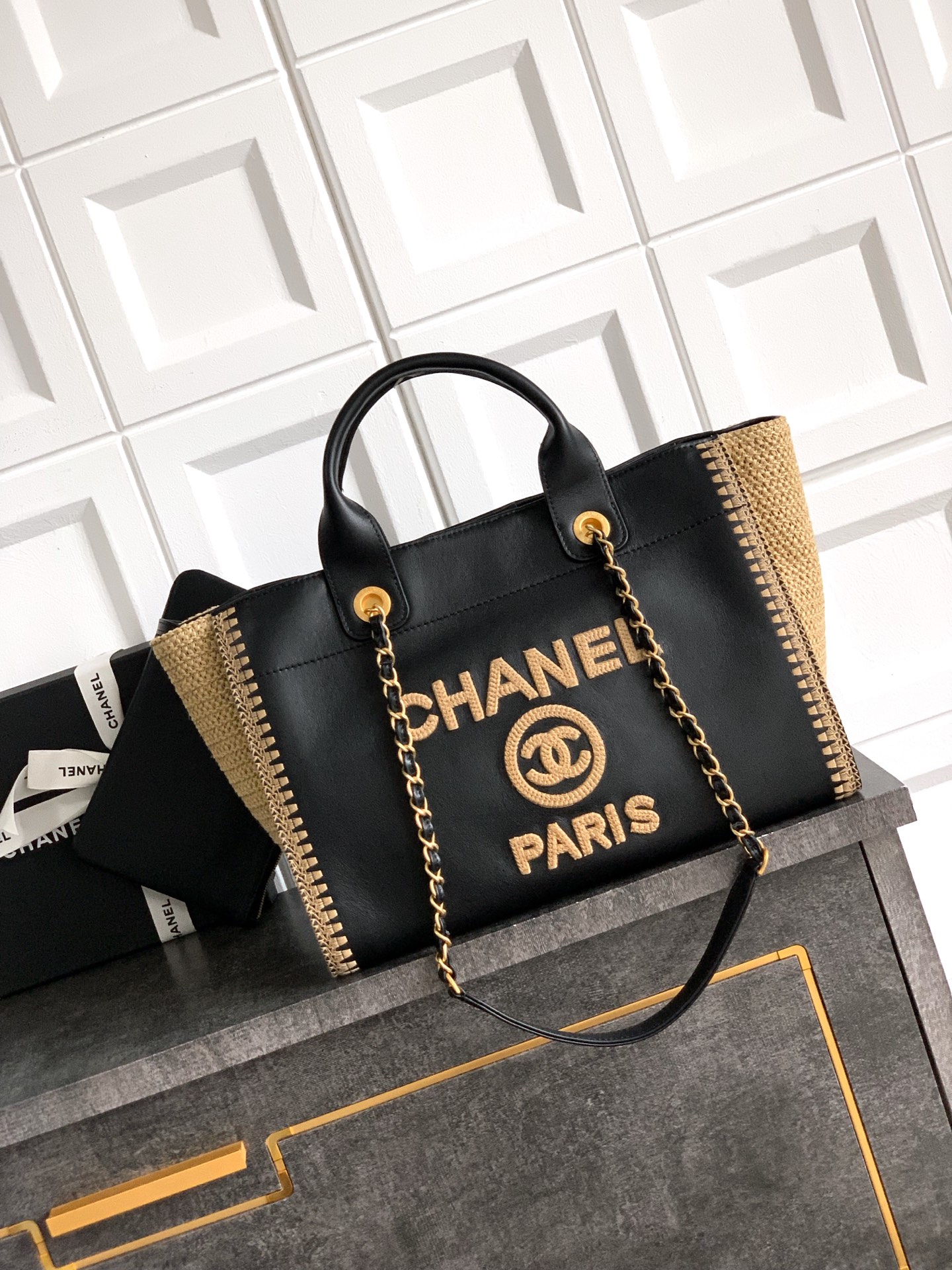 Chanel Calfskin Knit Medium Deauville Tote Black Grey