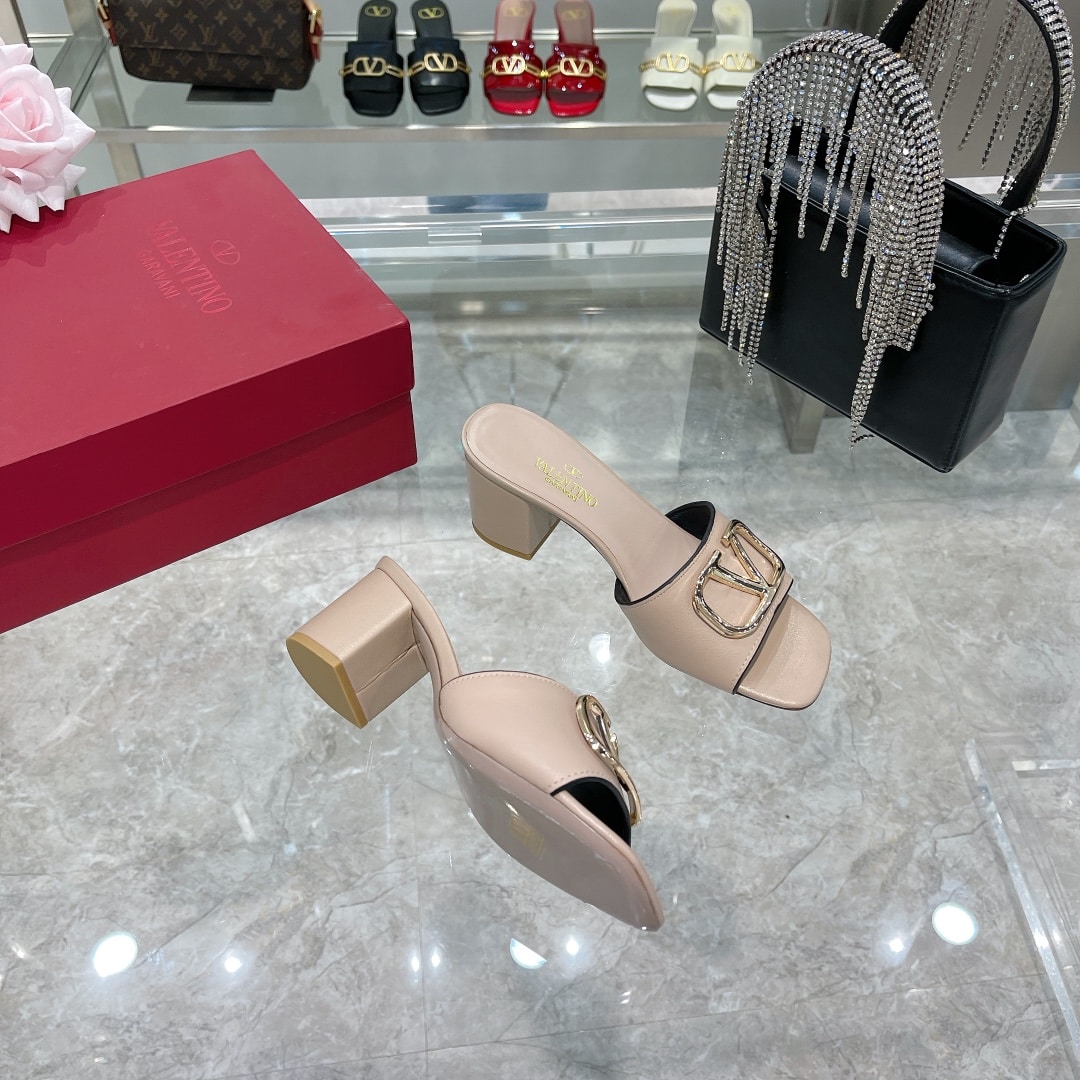 Valentino VLogo Signature Square-Toe Mid-Heel Slide Sandals – Silver & Poudre
