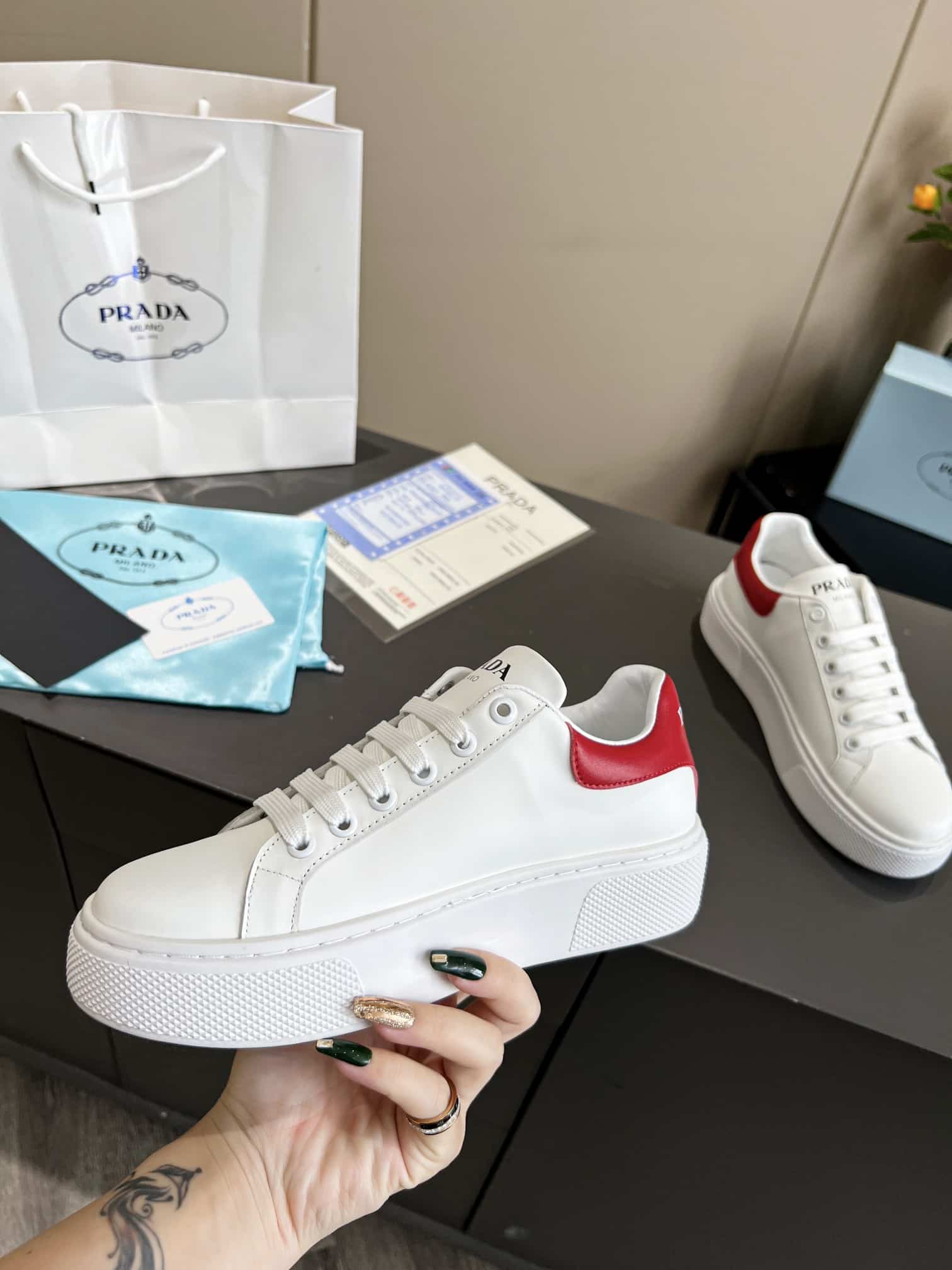 Prada Sneakers In White Leather With Red Logo