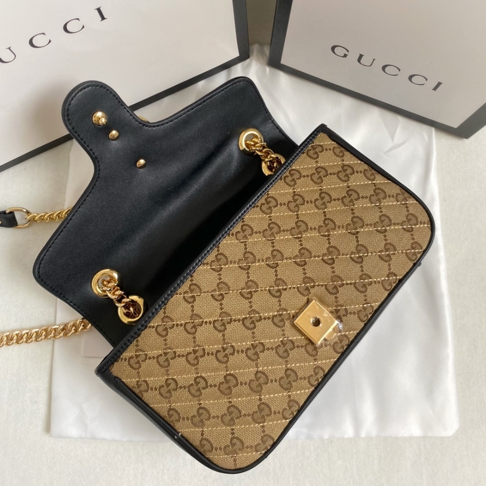 Gucci Gg Marmont Shoulder Bag Beige Black 26Cm 443497 Hvkeg 9772
