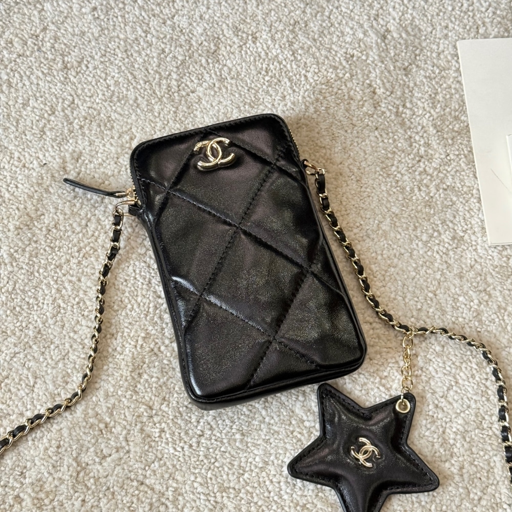 Chanel Phone Holder With Chain Shiny Crumpled And Gold Tone Metal Black 18Cm Ap4777 B21296 94305