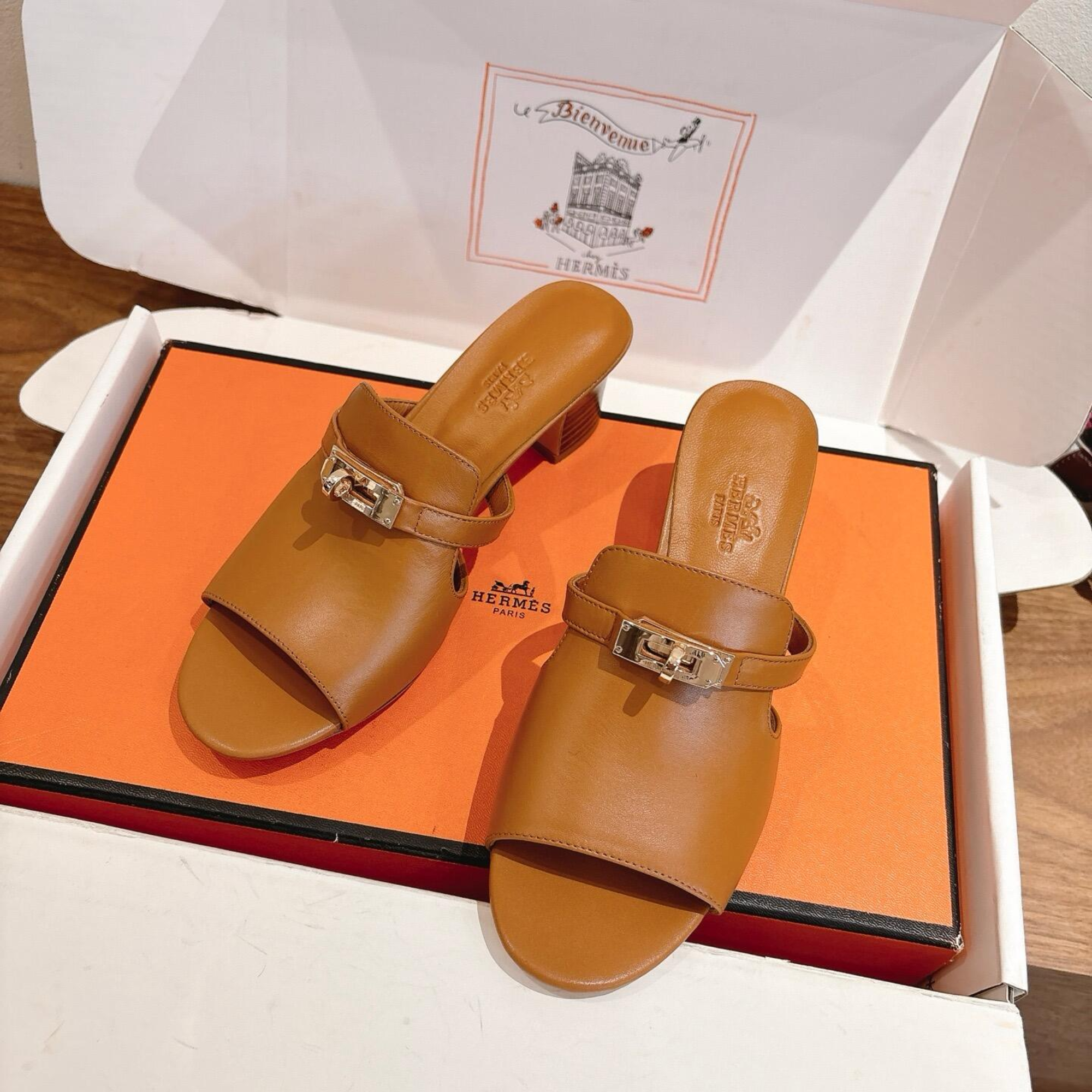 Hermes Brown Leather Mules