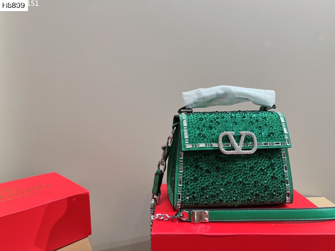 Valentino Garavani Vsling Handbag With Sparkling Crystals And Jewel Embroidery In Calfskin Green 20Cm