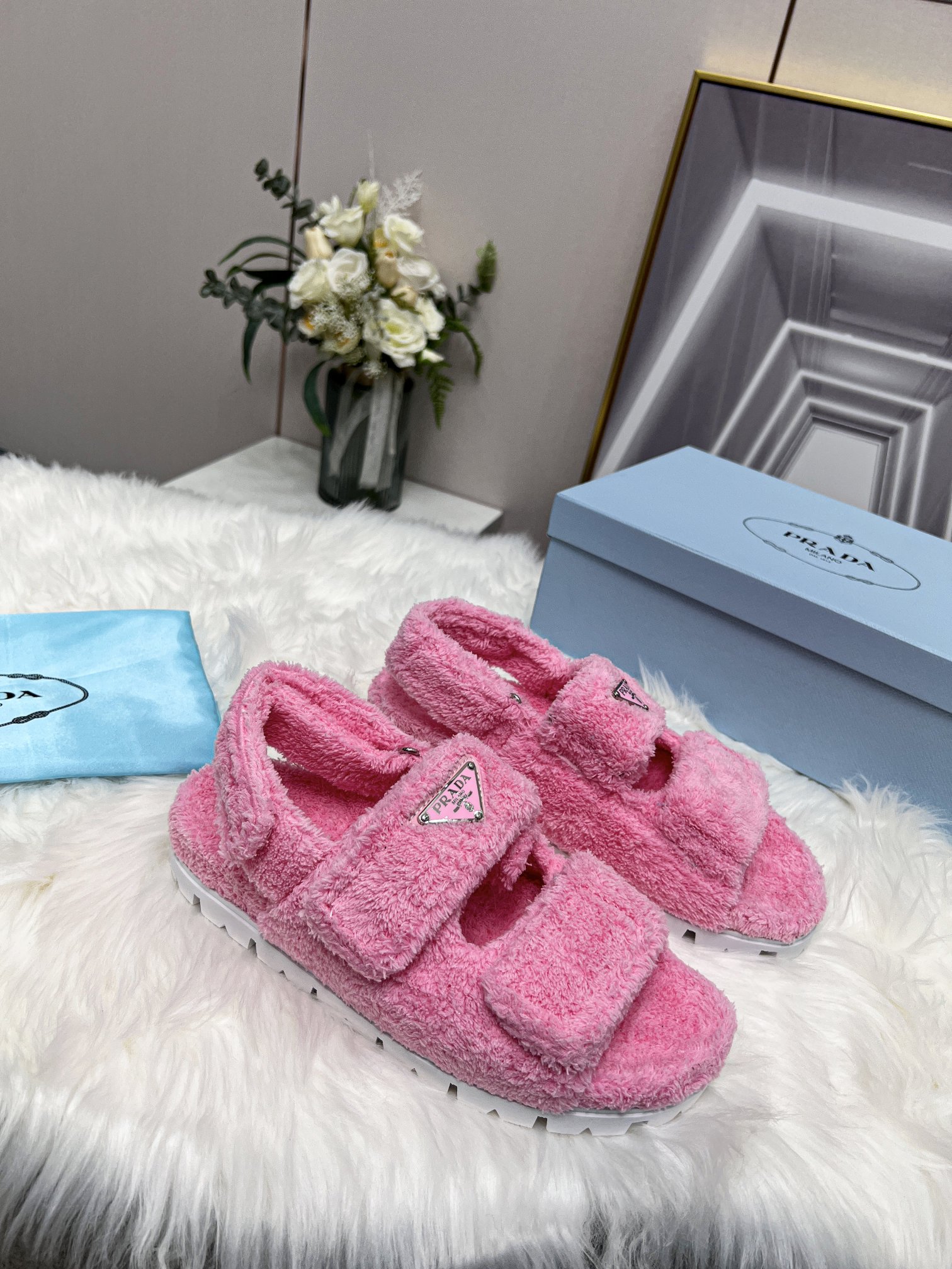 Prada Petal Pink Terrycloth Sandals 1X737Mh39F0442Fd020