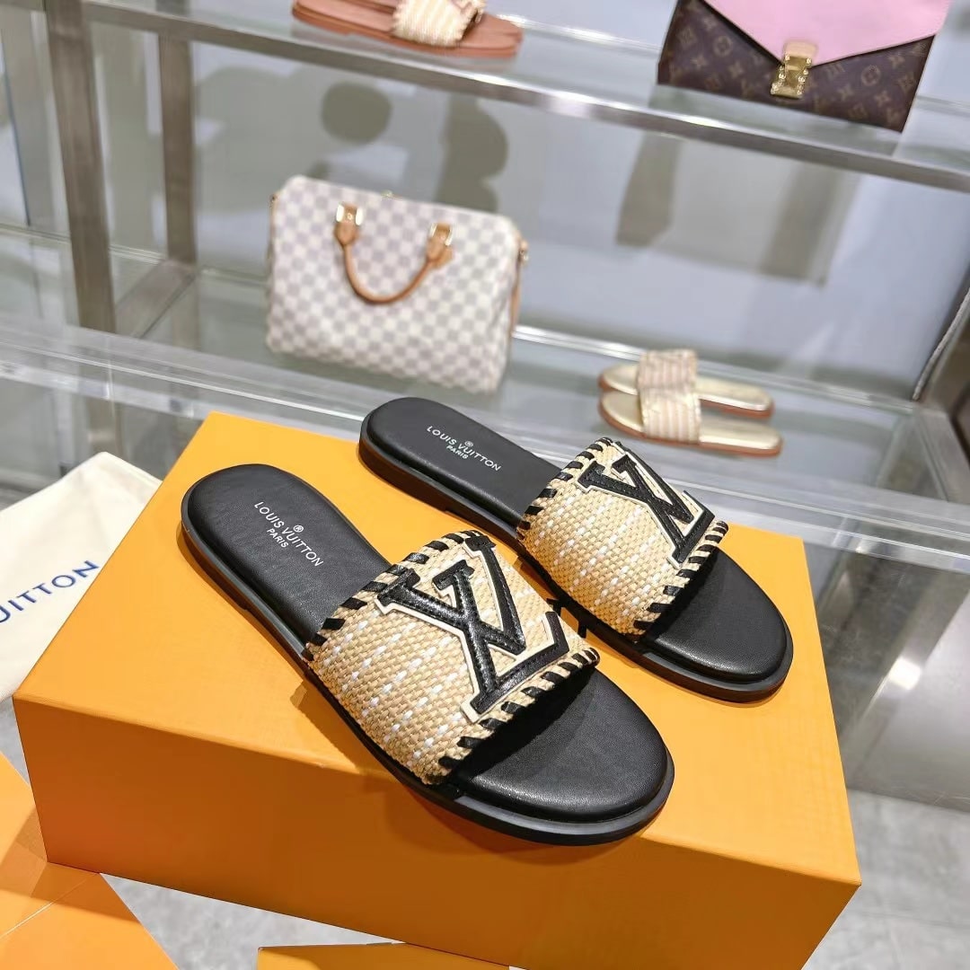 Louis Vuitton Lock It Flat Raffia Mules Black