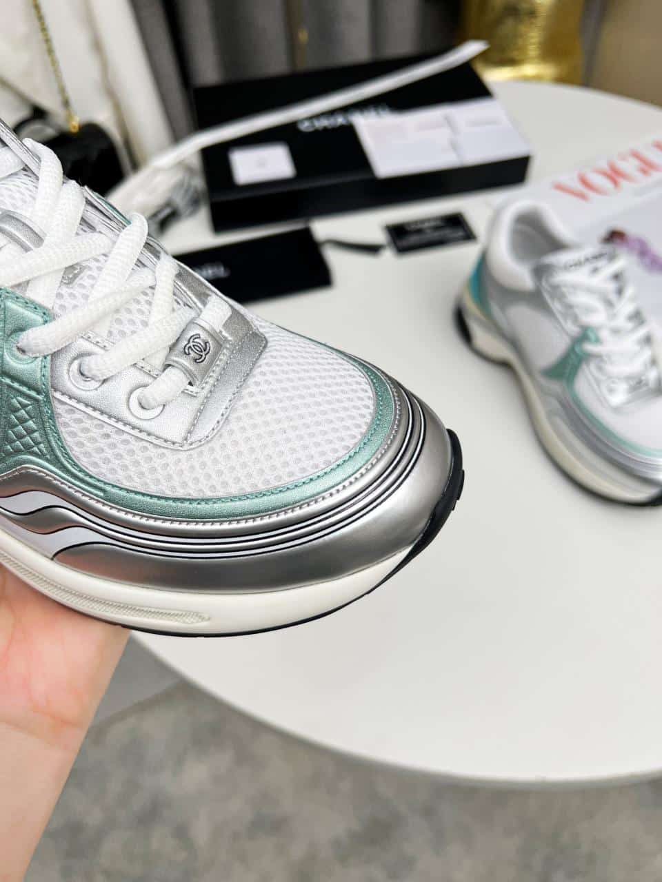 Chanel 23C Silver Metallic Cc Logo Lace Up Flat Runner Trainer Sneaker White Turquoise