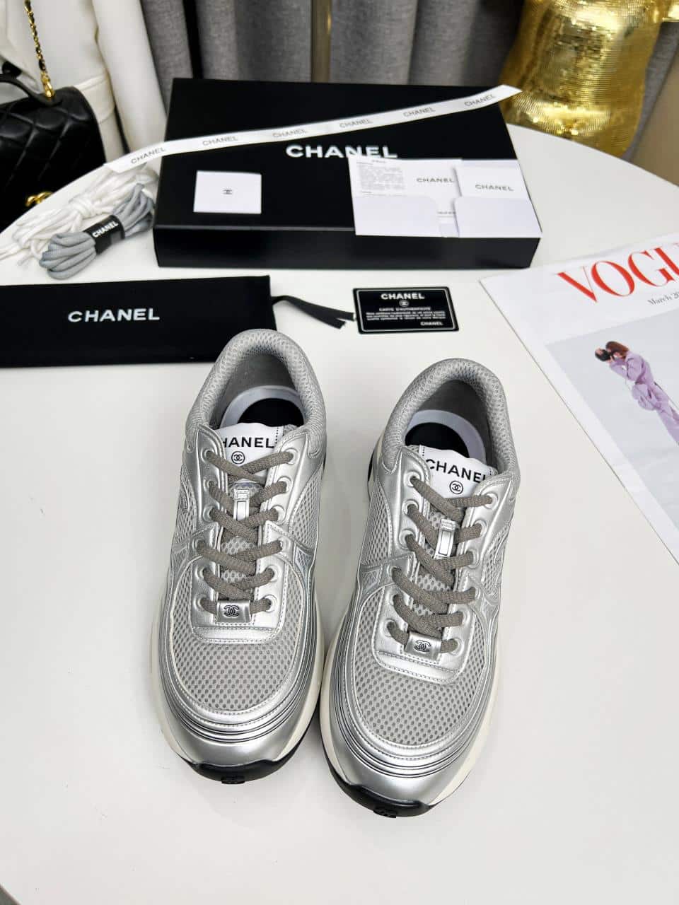 Chanel 23C Silver Metallic Cc Logo Lace Up Flat Runner Trainer Sneaker Gray