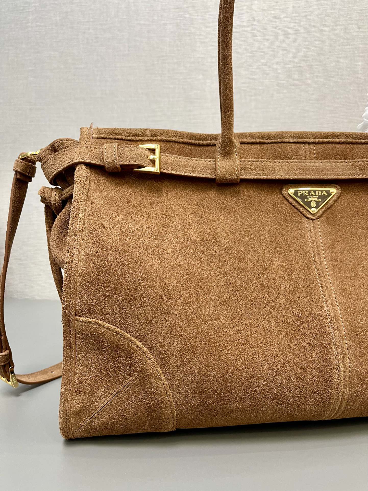 Prada Bonnie Large Suede Handbag Cocoa Brown 38cm