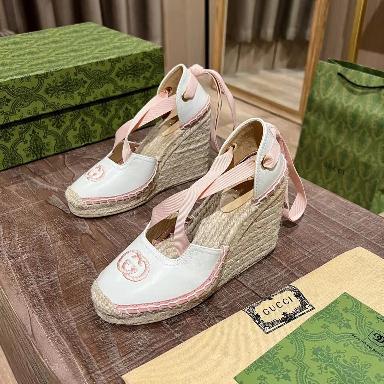 Gucci Gg Canvas Wedge Espadrilles Pink