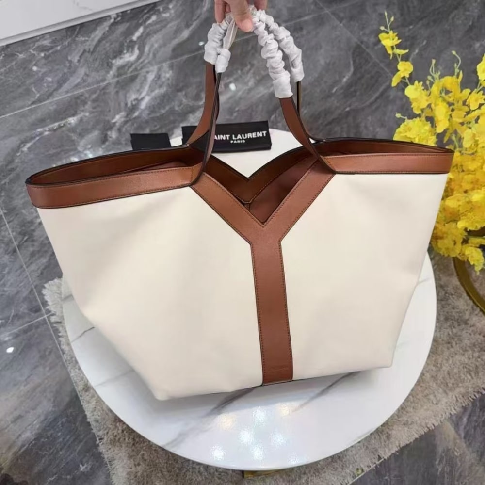 Saint Laurent Y Tote In Canvas And Leather Bag Beige 37cm 817602fac7t9856