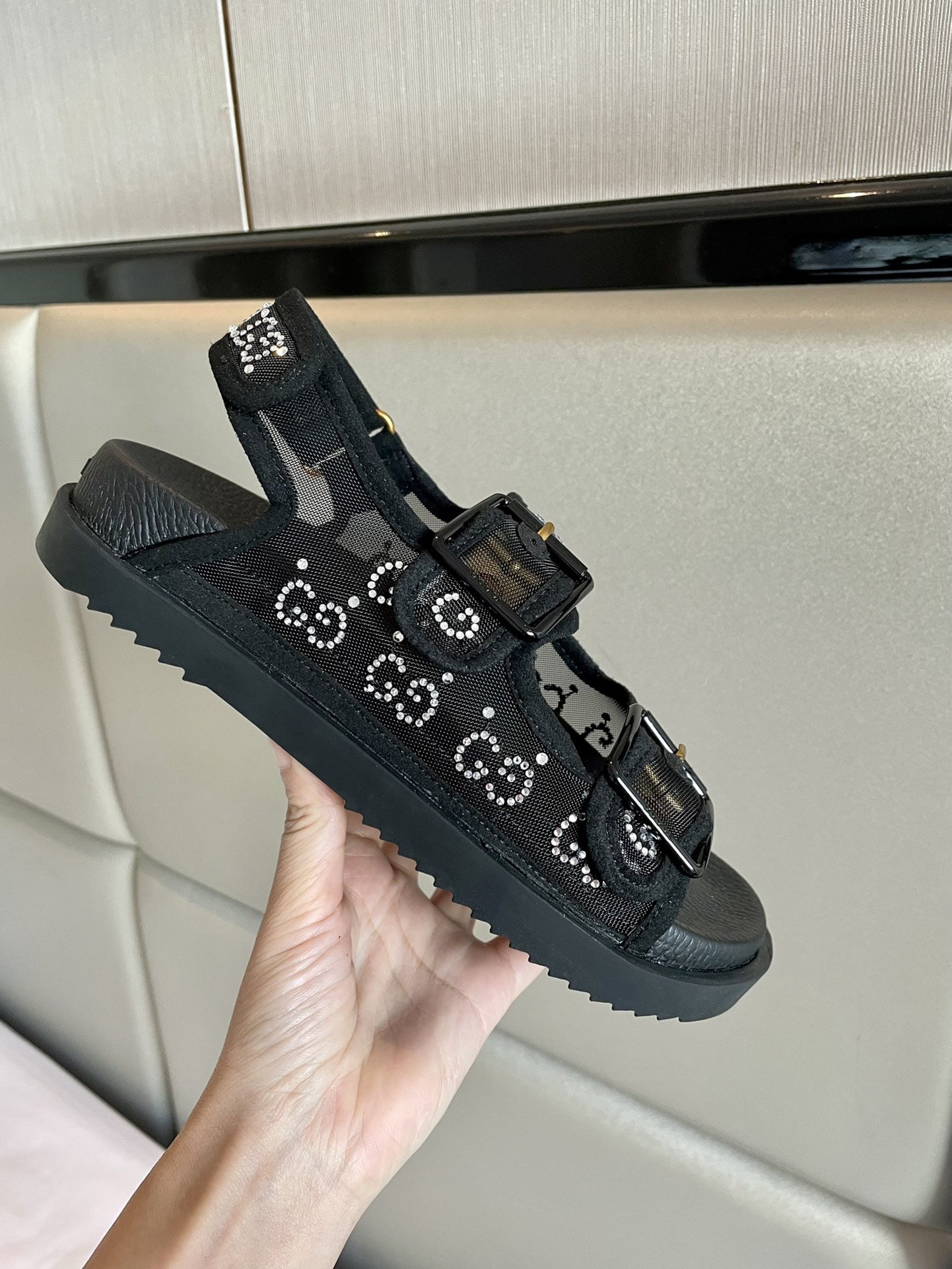 Gucci Gg Sandal With Crystals Black 701158 F13A0 1000