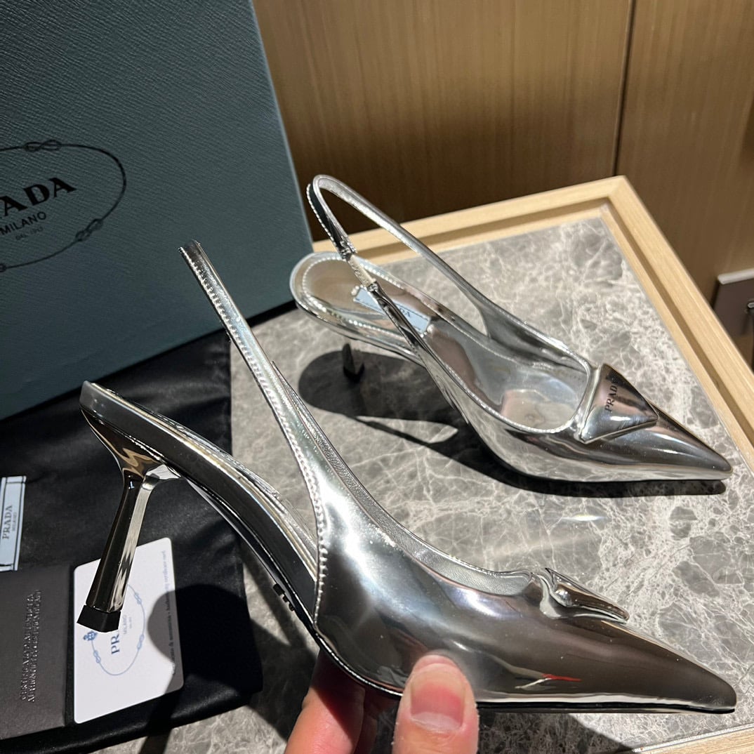 Prada Brushed Leather Slingback Pumps Silver