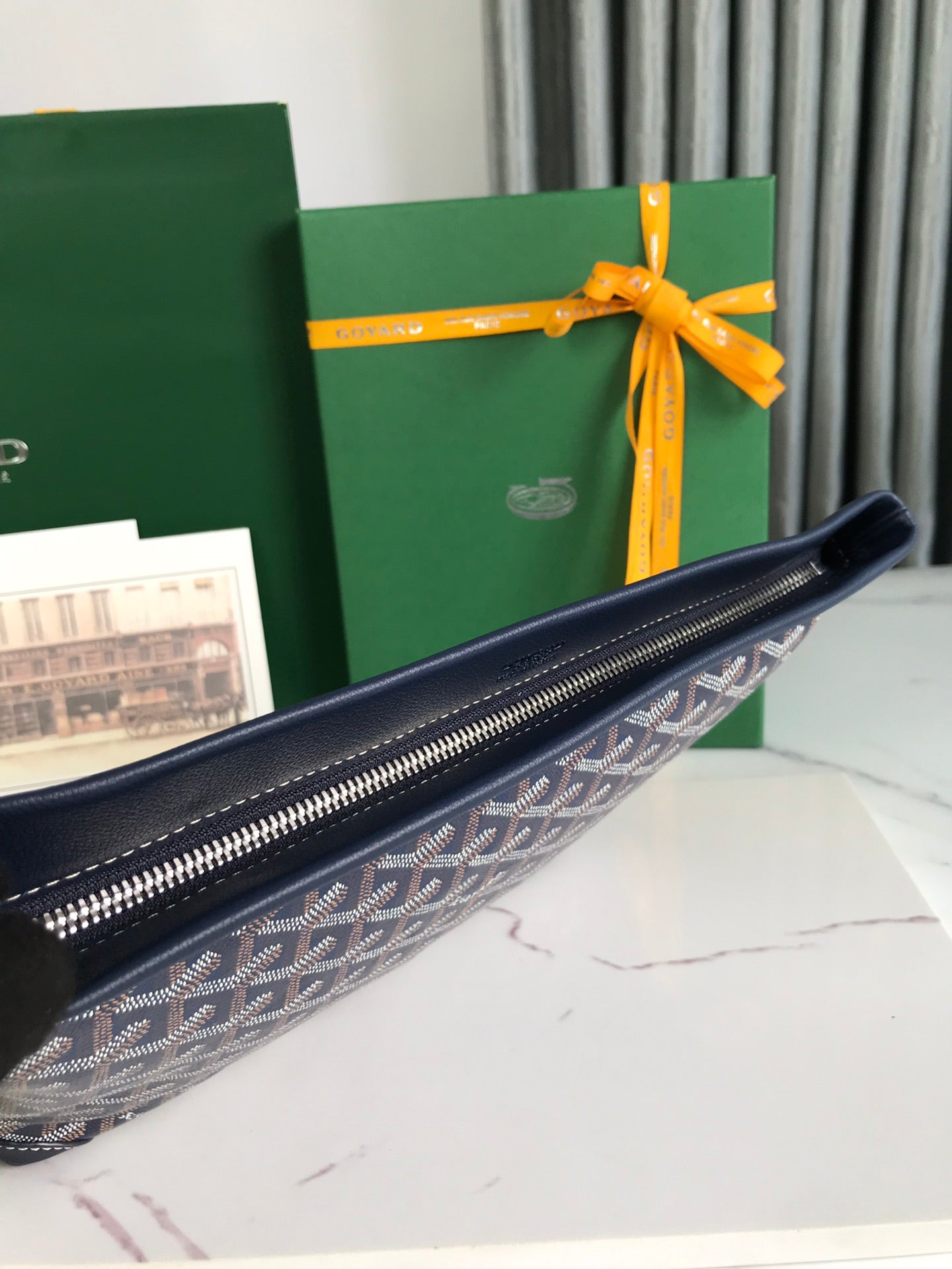 Goyard Conti Pouch 24 Cm Navy Blue Lambskin And Goyardine Canvas