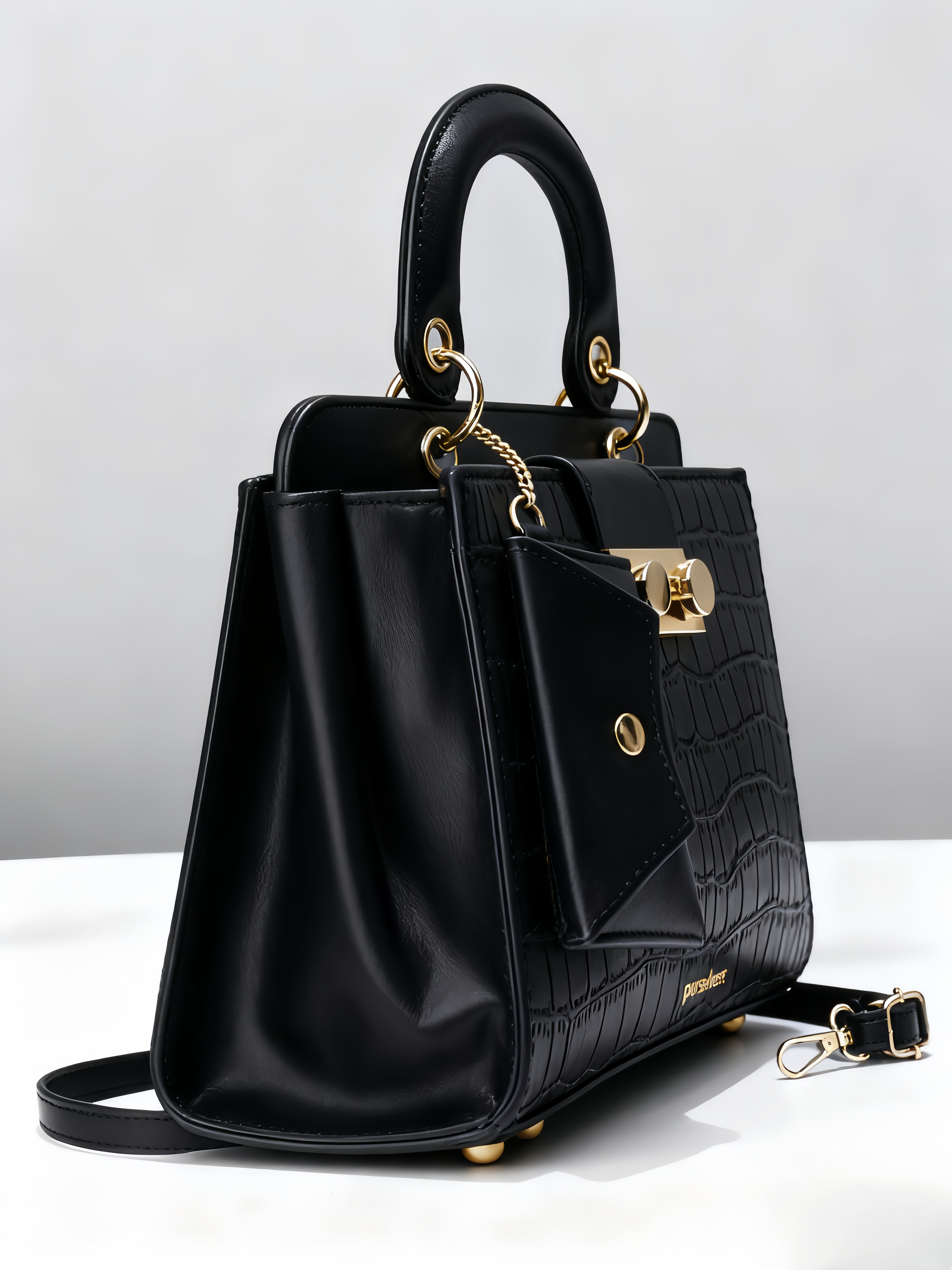 Purselovers Black and Gold Crocodile-Emboss Lock Bag