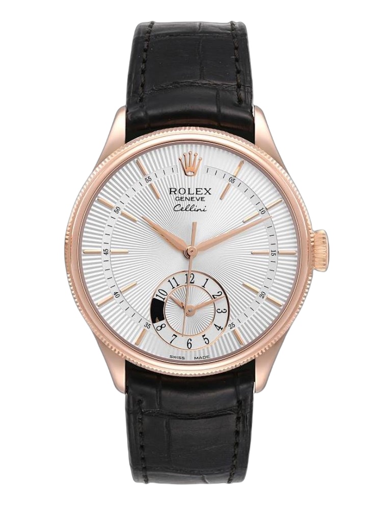 【Super Clone】Rolex Cellini Dual Time 50525 Silver Dial Black Leather Strap 39mm Mens Replica Watch