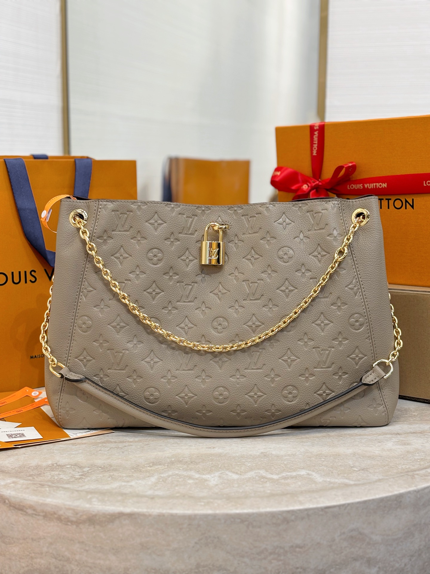Louis Vuitton LV Anytime MM Monogram Empreinte Bag Tourterelle Gray M14658 42cm/ 16.5in