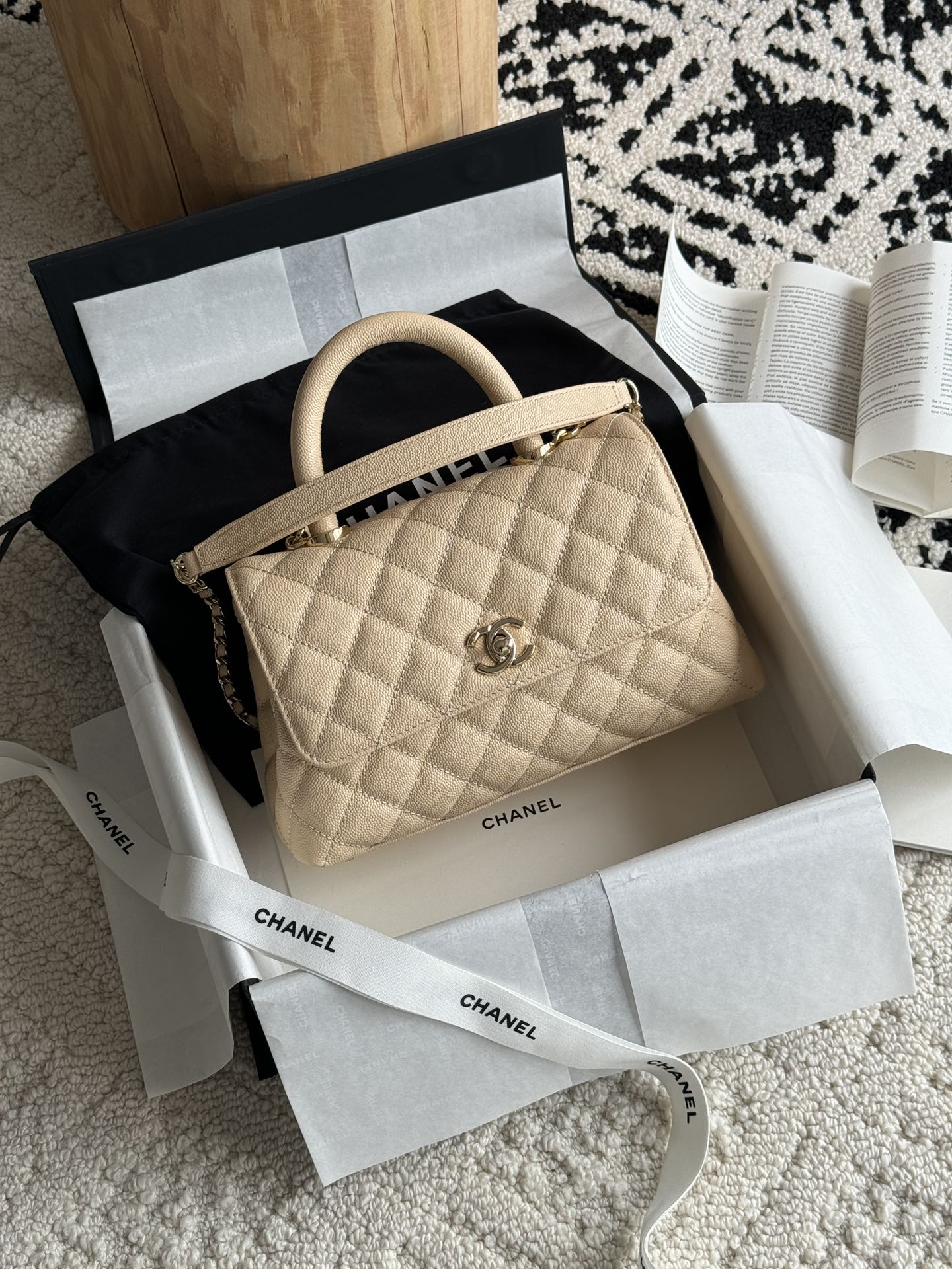 Small Coco Handle Flap Bag in Light Beige Quilted Caviar Leather with Light Gold-Tone Hardware