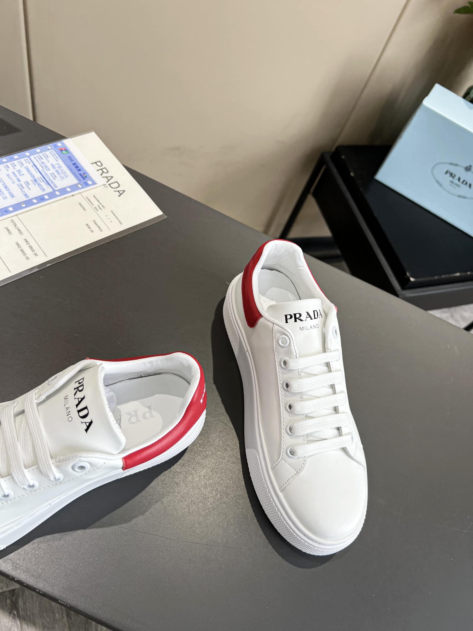 Prada Sneakers In White Leather With Red Logo