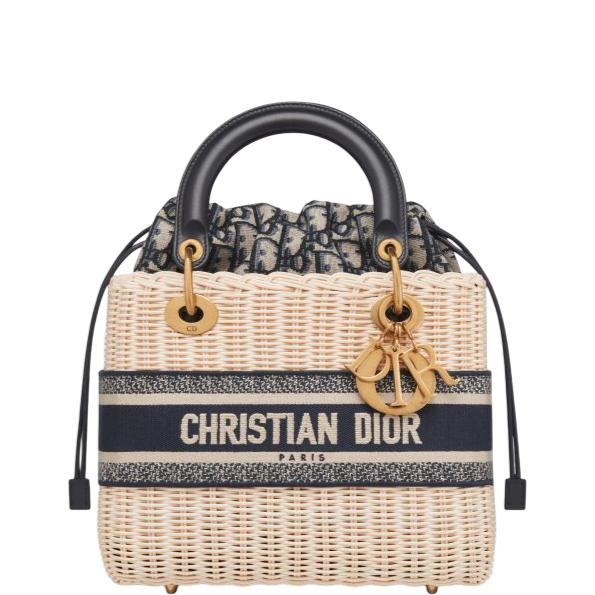 DIOR NATURAL WICKER AND BLUE DIOR OBLIQUE JACQUARD BAG