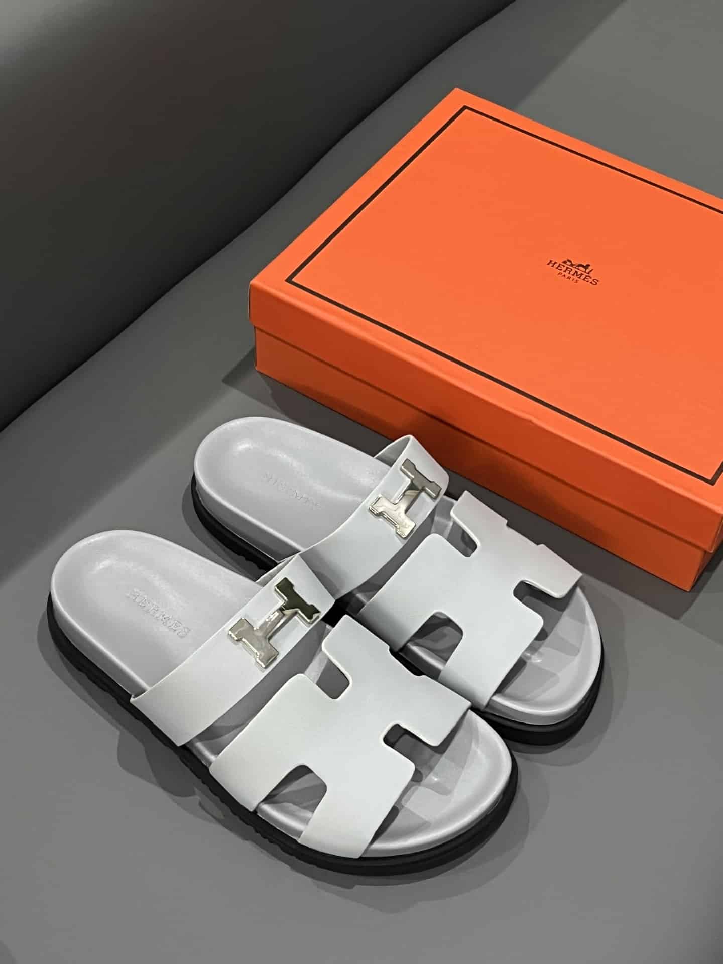 Hermes Chypre Sandal H Logo Silver Hardware Light Grey