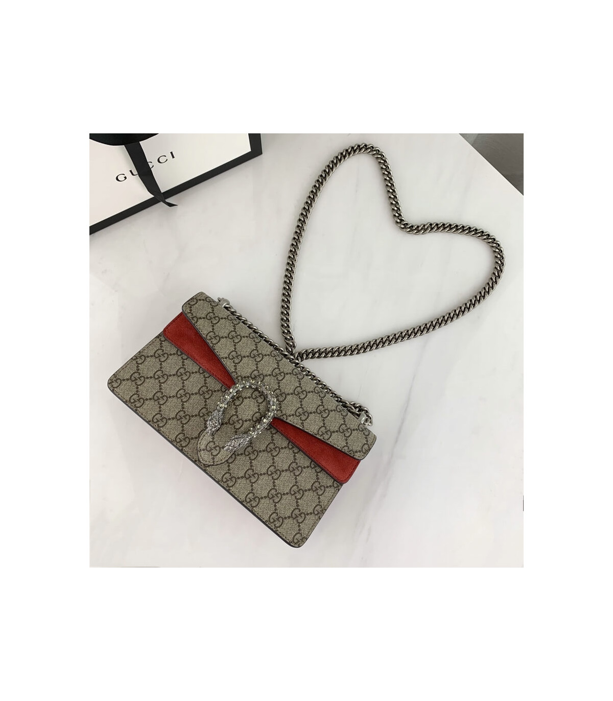 Gucci Dionysus Small Shoulder Bag in GG Supreme with Crystals Red 25cm