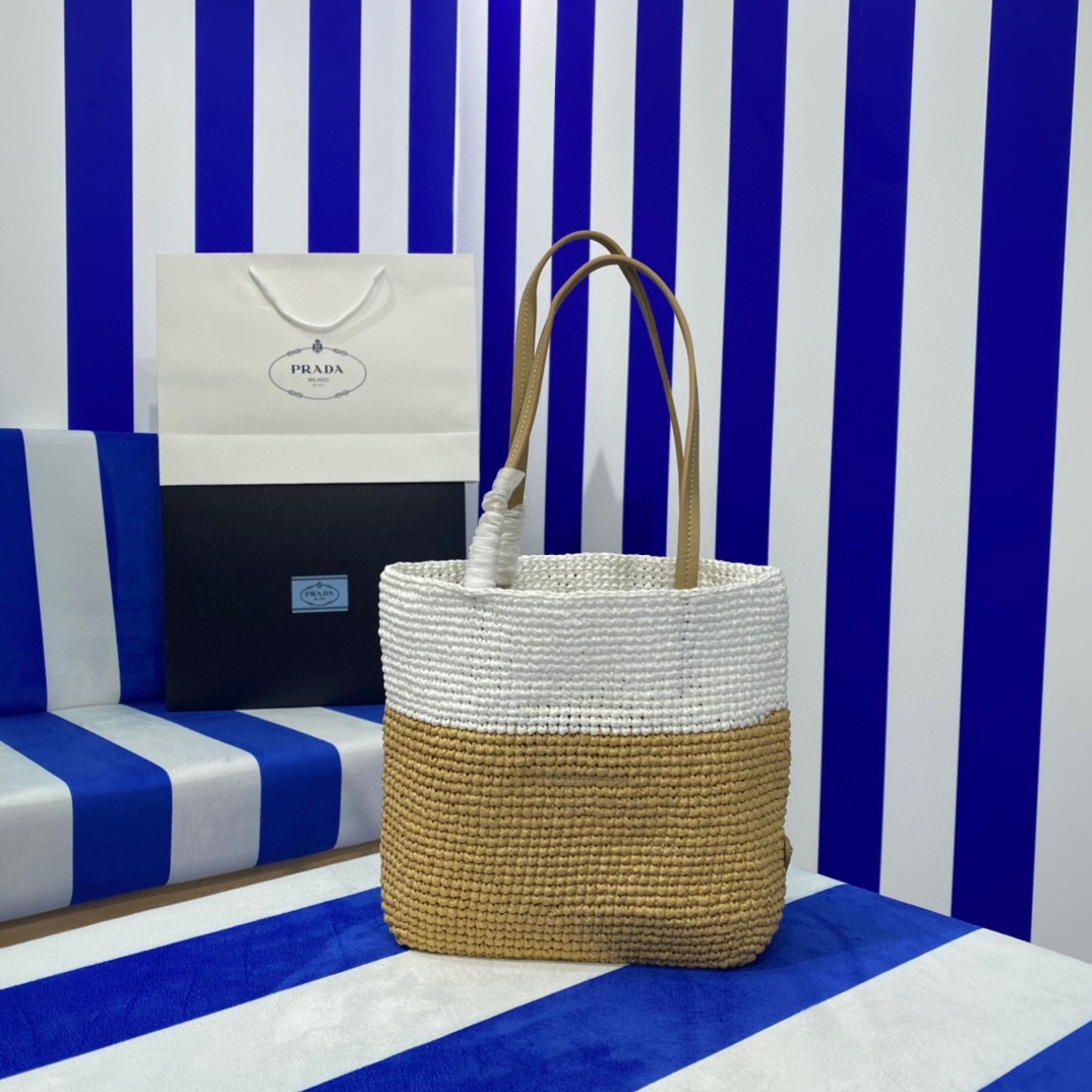 Prada Raffia Tote Bag Beige 23cm