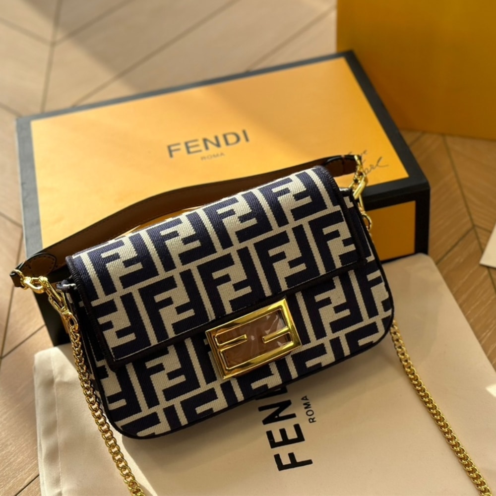 Fendi Baguette Mini FF Jacquard Fabric Bag Navy Blue 21Cm