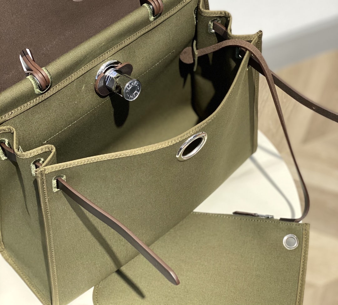 Hermes Herbag Zip 31 Bag Palladium Hardware Khaki 31Cm