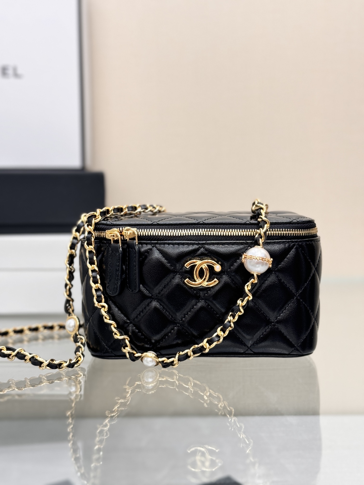 Long Vanity Case with Chain & Pearl Detail in Black Quilted Lambskin with Light Gold-Tone Hardware