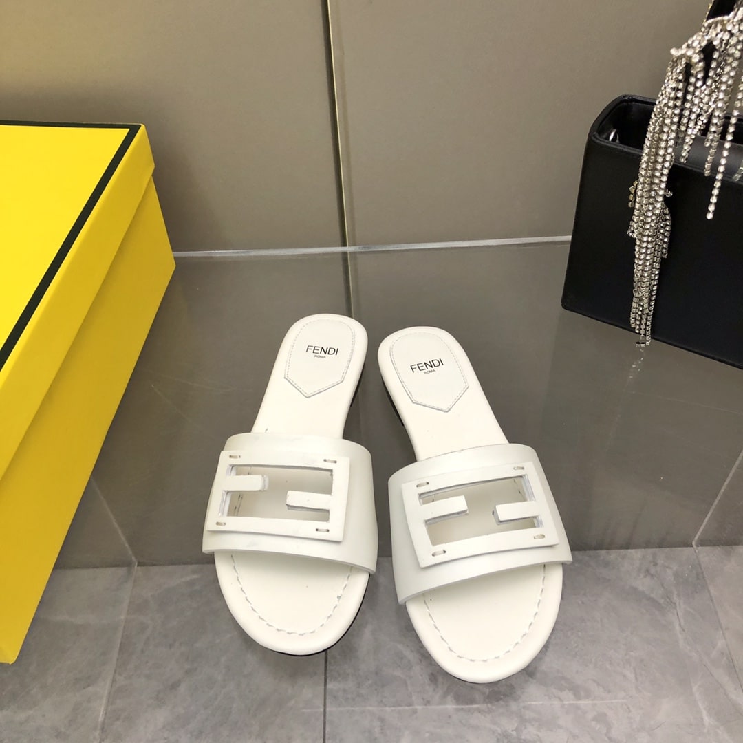 Fendi Baguette White Leather Slides