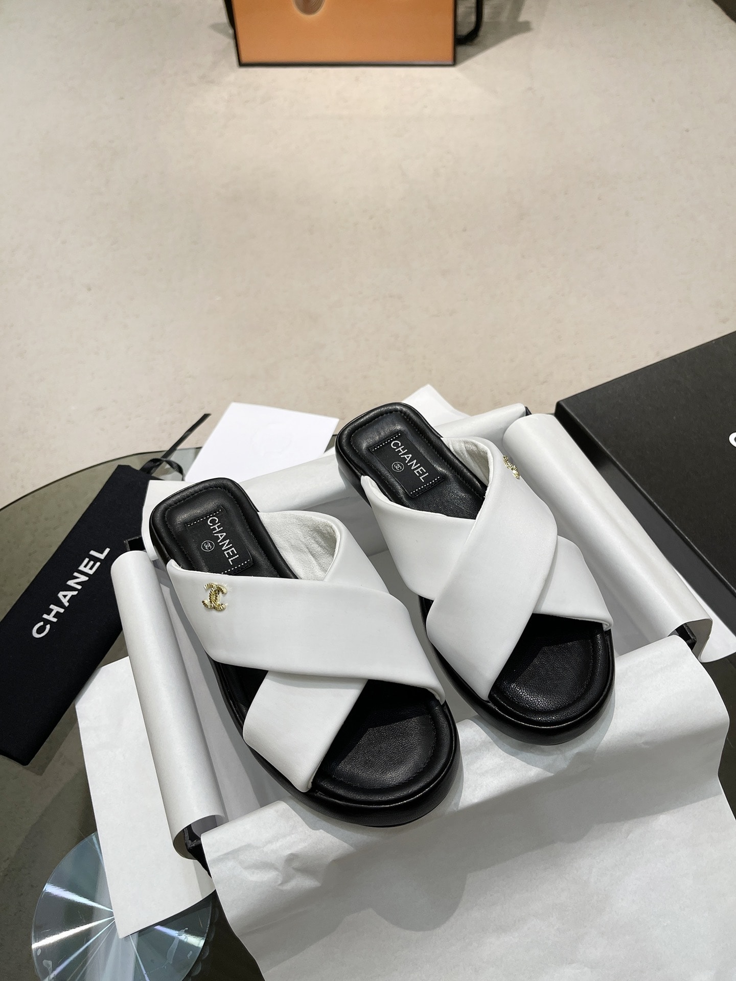 Chanel Cc Logo Criss Cross Slides White