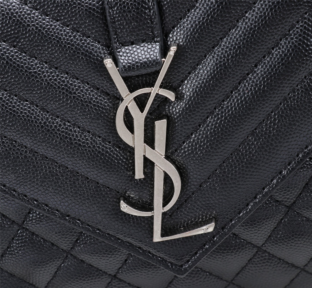 Saint Laurent Envelope Small In Quilted Grain De Poudre Embossed Leather Black Silver 21cm 600195BOW921000