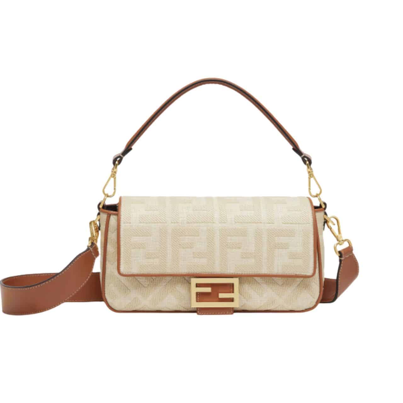 Fendi Baguette Natural Straw Bag With Ff Embroidery 26Cm