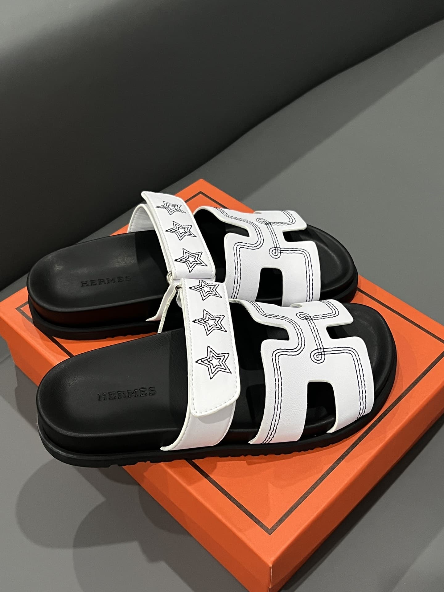 Hermes Chypre Sandal Star Stitched Blanc White