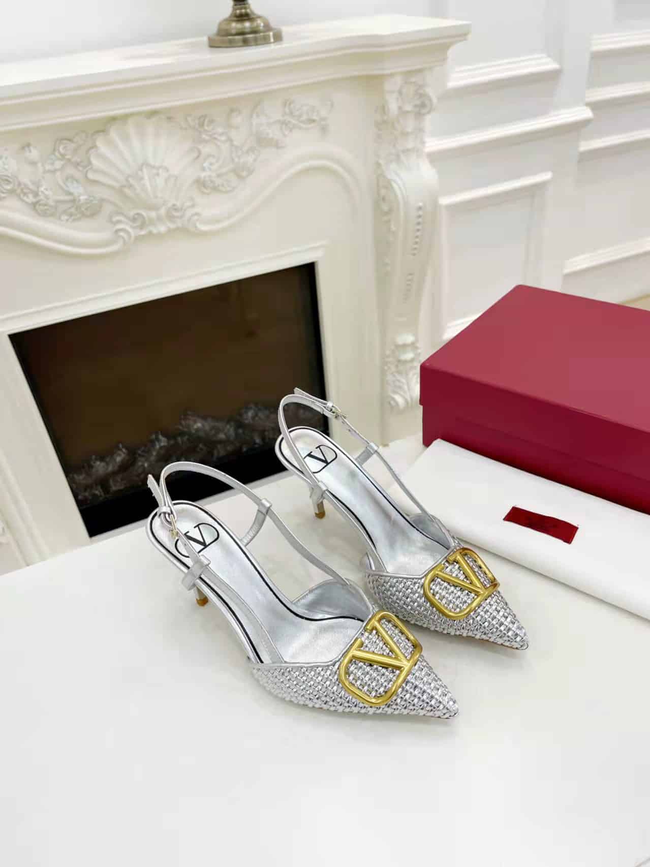 Valentino Garavani VLogo Woven Leather Slingback Pumps Silver
