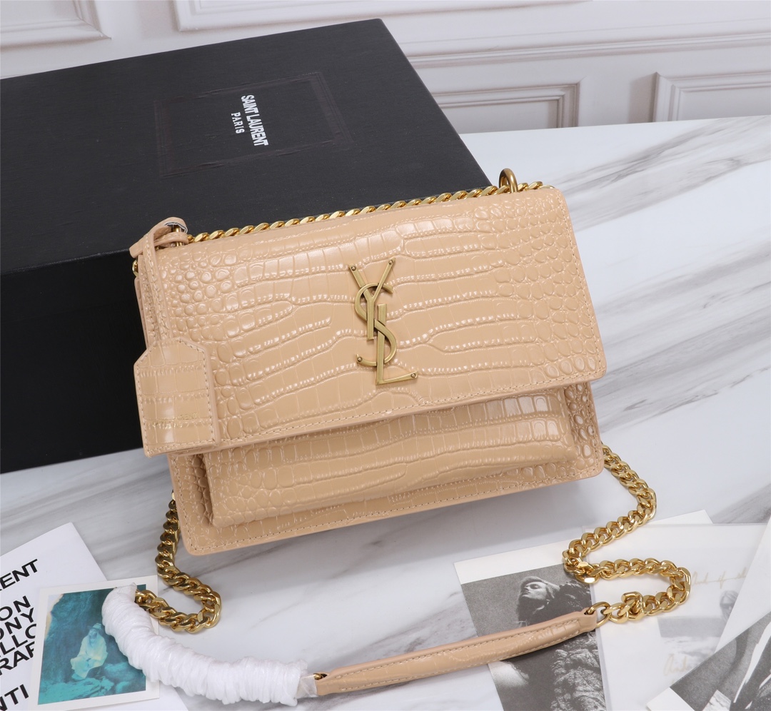 Saint Laurent Sunset Medium Chain Bag In Crocodile Embossed Shiny Apricot 22Cm