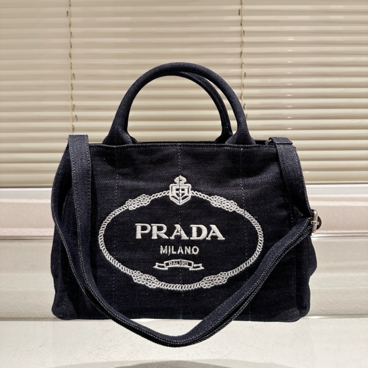 Prada Logo Printed Denim Tote Bag Black 26Cm