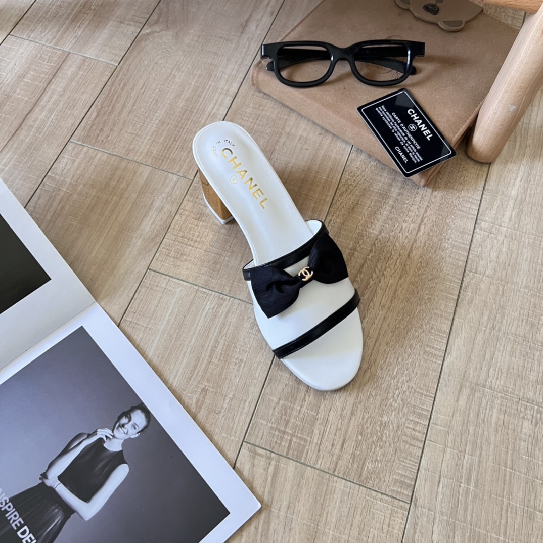 Chanel Grosgrain Ribbon Bow Mule Leather White