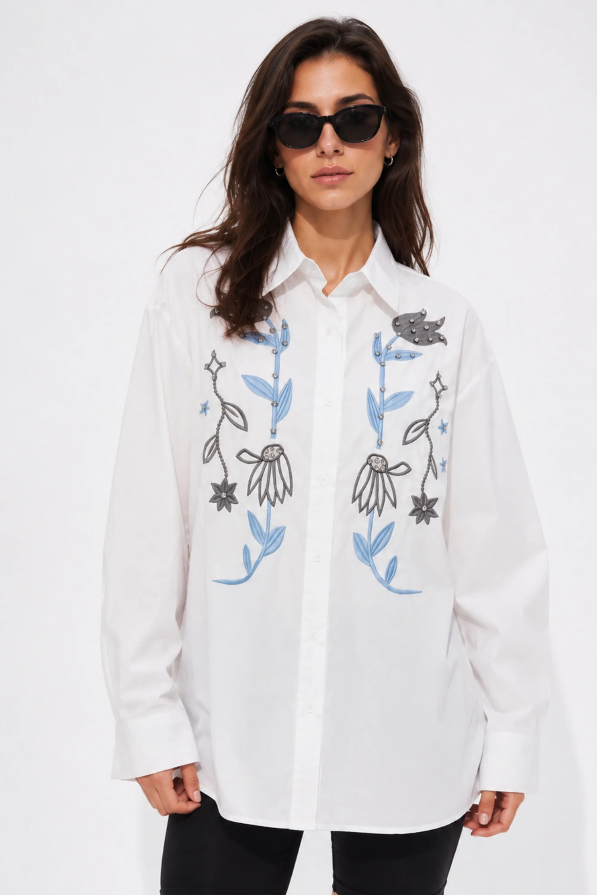 White Botanical Embroidered Shirt