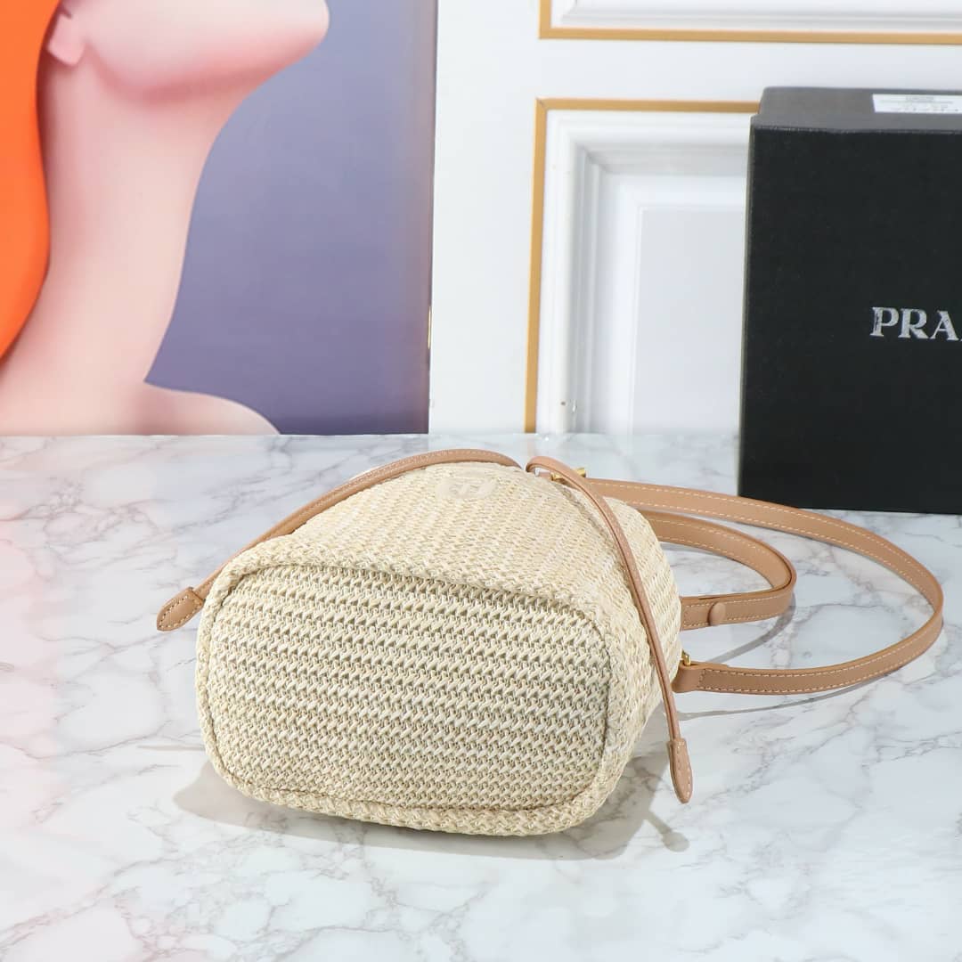Prada Crochet And Leather Bucket Bag Natural 24Cm 1Be068 2M2T F0018 V Ouo